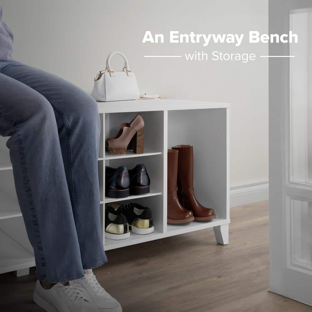 White Wooden Entryway Shoe Storage Bench with 14 Cubbies