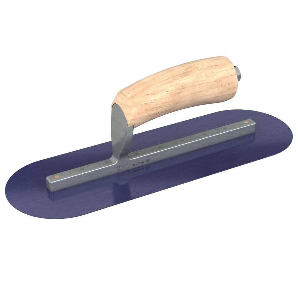 Bon Tool 12 in. x 4 in. Blue Steel Round End Finishing Trowel with Wood Handle and Long Shank