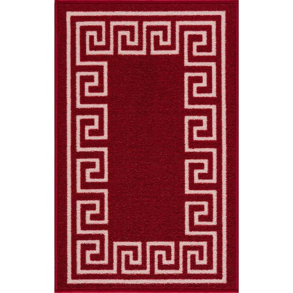 Carpet Mat Greek Key Design Slip Resistant, Burgundy Red, 19.5 in. x 32 in.