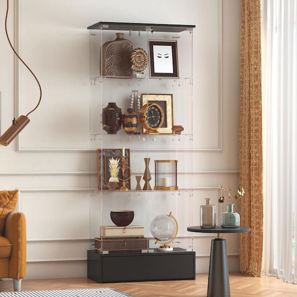70.9 in. Tall 4-Shelf Tempered Glass Standard Bookcase Transparent Display Bookshlef with Glass Shelves, Drawer and Lock