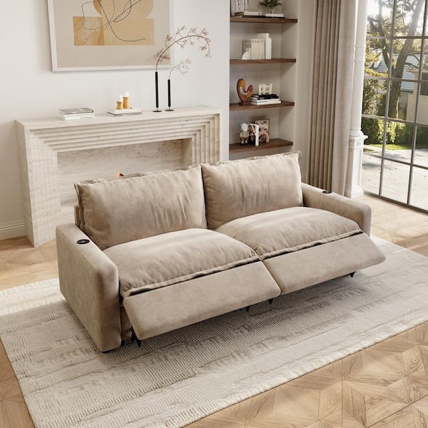 Power Recliner Couch, 83 in. Square Arm 2-Piece Linen Modular Motion Sectional Sofa with Heating, USB Ports in Khaik