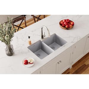 Quartz Classic 33 in. Undermount Offset Double Bowl Greystone Granite/Quartz Composite Kitchen Sink Only