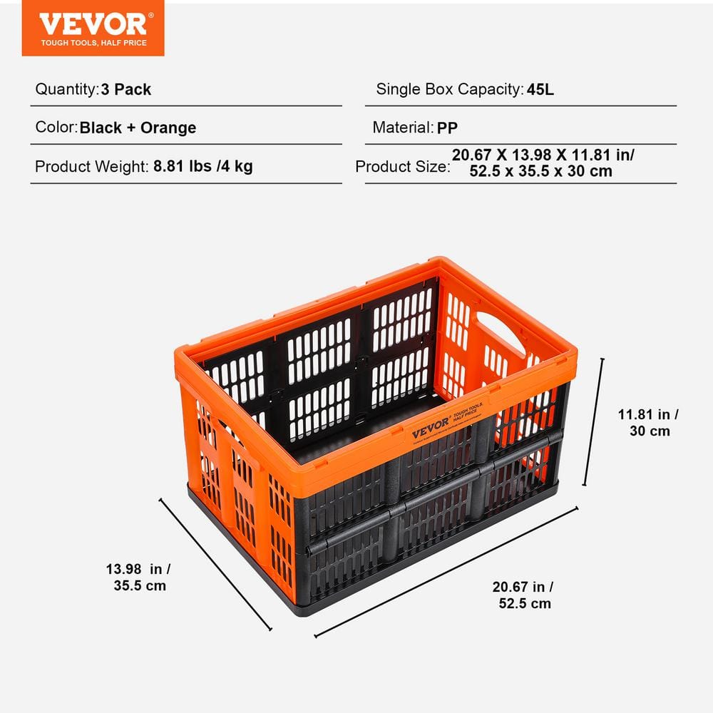 VEVOR 45L Orange and Black Collapsible Plastic Crate