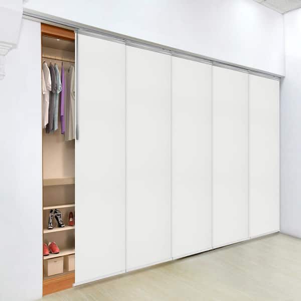 EMOH Griege 58 in. - 110 in. W x 94 in. L Adjustable 5- Panel in White Single Rail Panel Track with 23.5 in. Slates