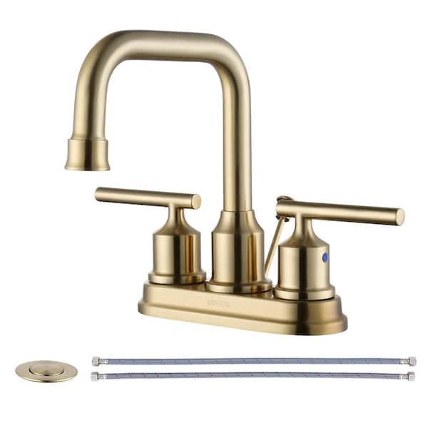 WOWOW 4 in. Centerset Double Handle High Arc Bathroom Faucet with Drain Kit Included in Brushed Gold
