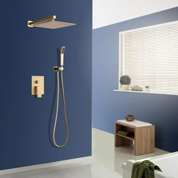 12 in. Rain Single Handle 2-Spray Shower Faucet Kit Handheld Combo w/ Valve 1.8 GPM Adjustable Dual Shower Heads in Gold