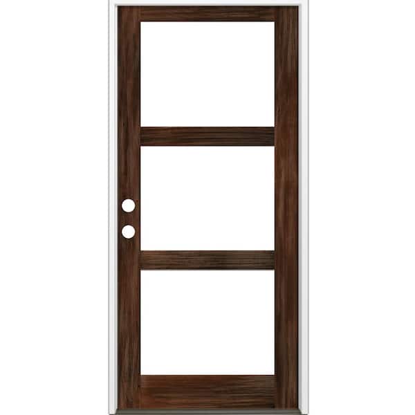 Krosswood Doors 42 in. x 96 in. Modern Hemlock Right-Hand/Inswing 3-Lite Clear Glass Red Mahogany Stain Wood Prehung Front Door