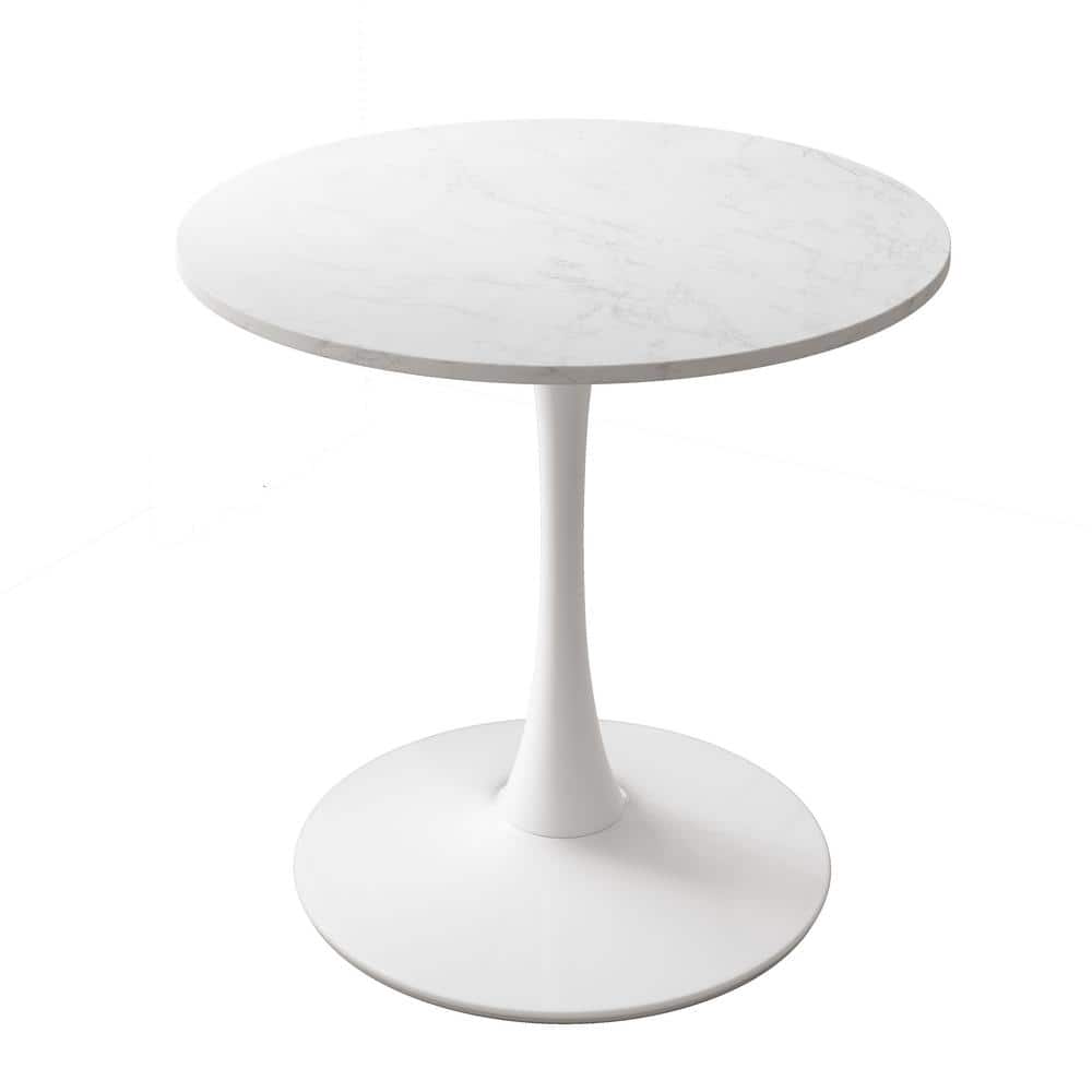 32 in. White Marble Modern Round Outdoor Coffee Table with Printed White Ma