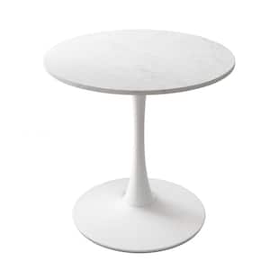 32 in. White Marble Modern Round Outdoor Coffee Table with Printed White Marble Tabletop, Metal Base