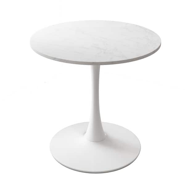 Unbranded 32 in. White Marble Modern Round Outdoor Coffee Table with Printed White Marble Tabletop, Metal Base