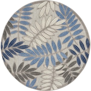 Aloha Gray/Blue 5 ft. x 5 ft. Round Floral Contemporary Indoor/Outdoor Patio Area Rug