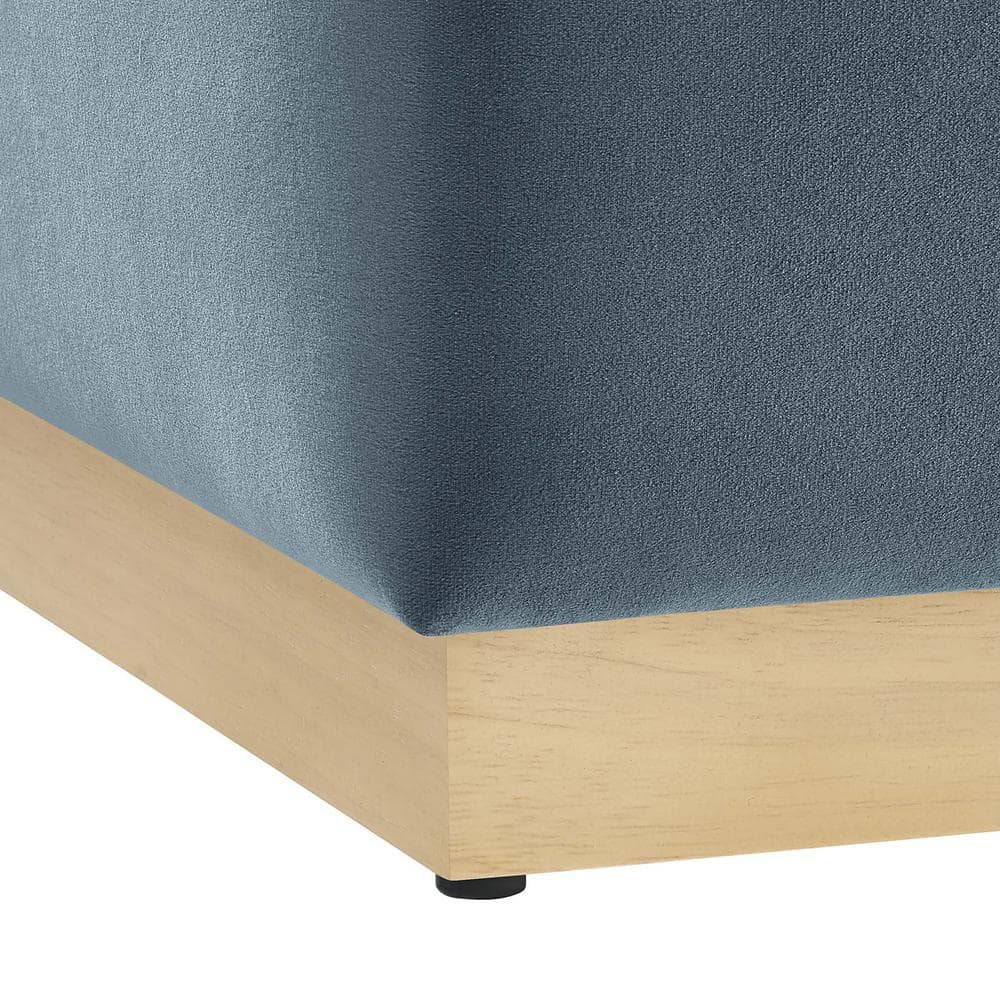 Cadet Blue Velvet Upholstered Ottoman with Rubberwood Base