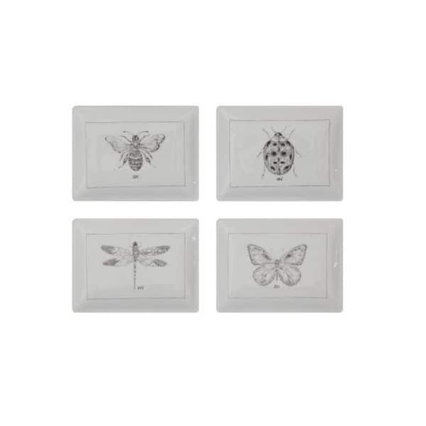 Storied Home White Rectangle Ceramic Dishes with Insect Images (Set of 4)