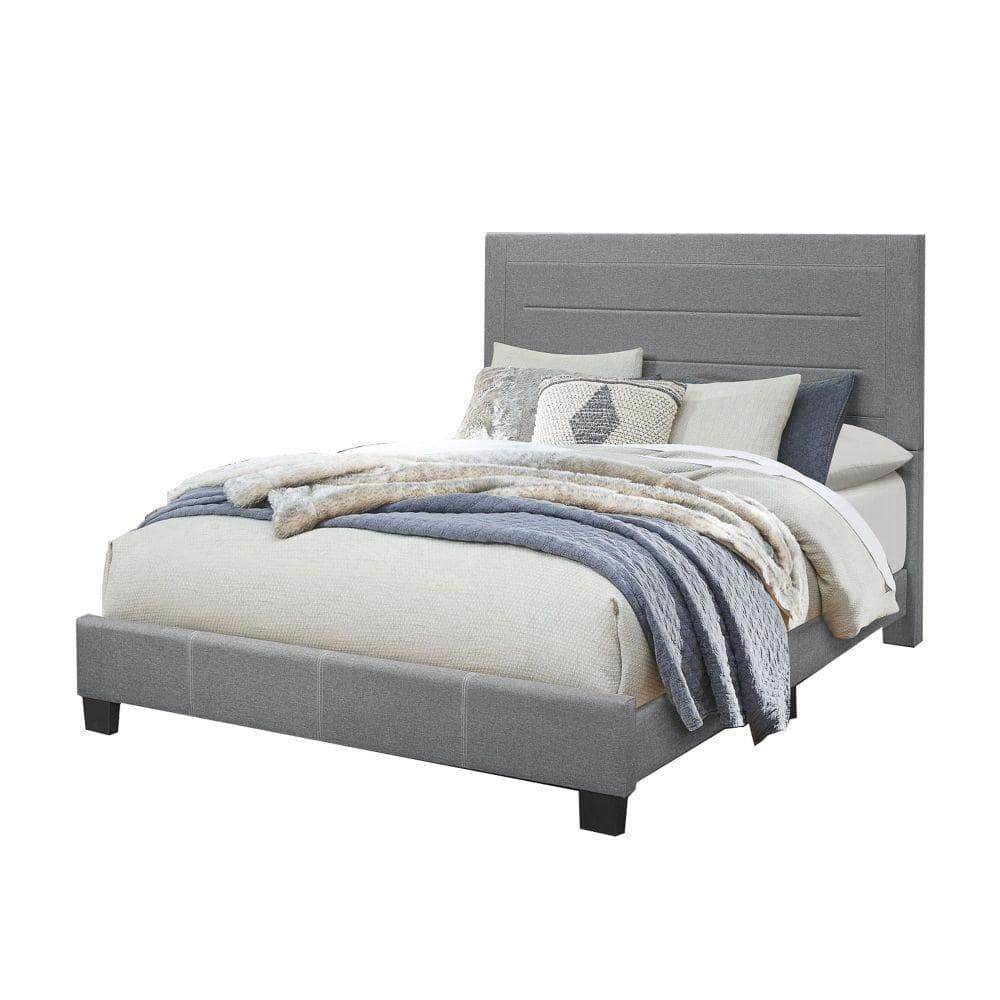 Benjara Gray Wooden Frame Queen Platform Bed with Fabric Wrapped Frame and Panel Headboard -  BM243322