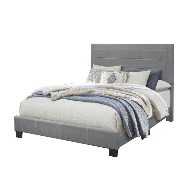 Benjara Gray Wooden Frame Queen Platform Bed with Fabric Wrapped Frame and Panel Headboard