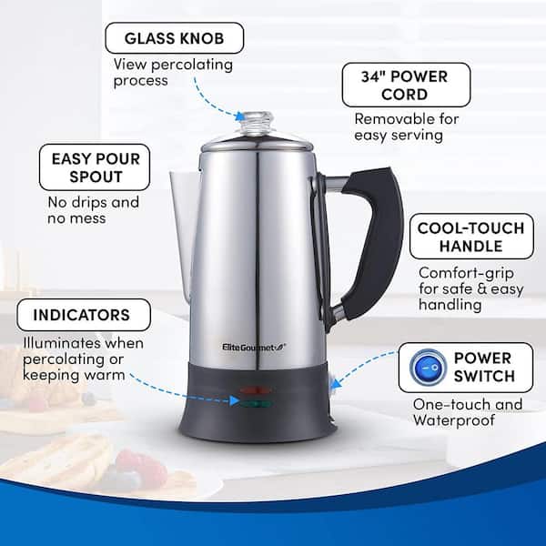 Elite Gourmet EC922 Electric Coffee Percolator Glass Clear Brew Progress Knob, Cool-Touch Handle, Cordless Serve, 12-Cup, Stainless Steel
