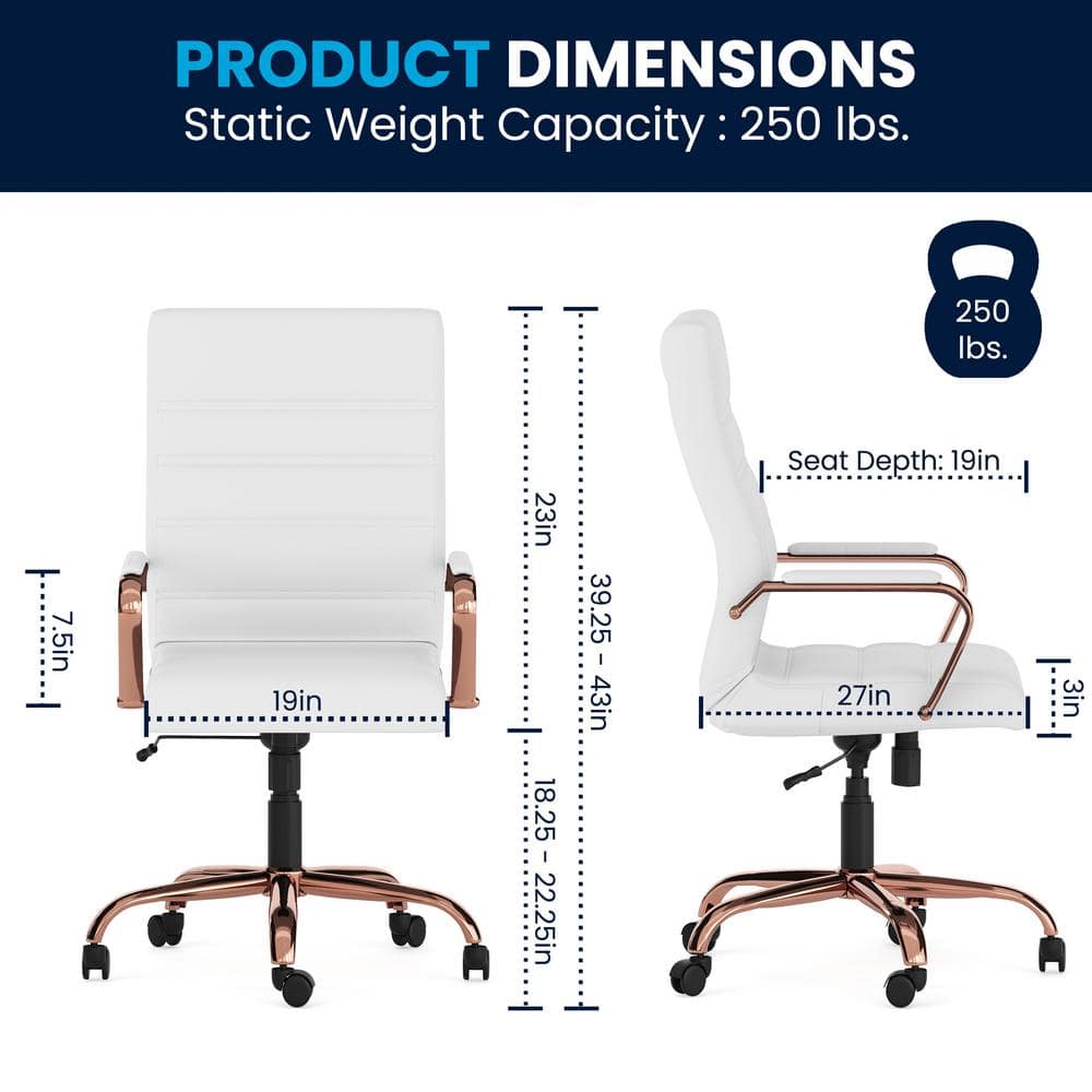 White LeatherSoft High Back Executive Swivel Chair with Rose Gold Metal Frame
