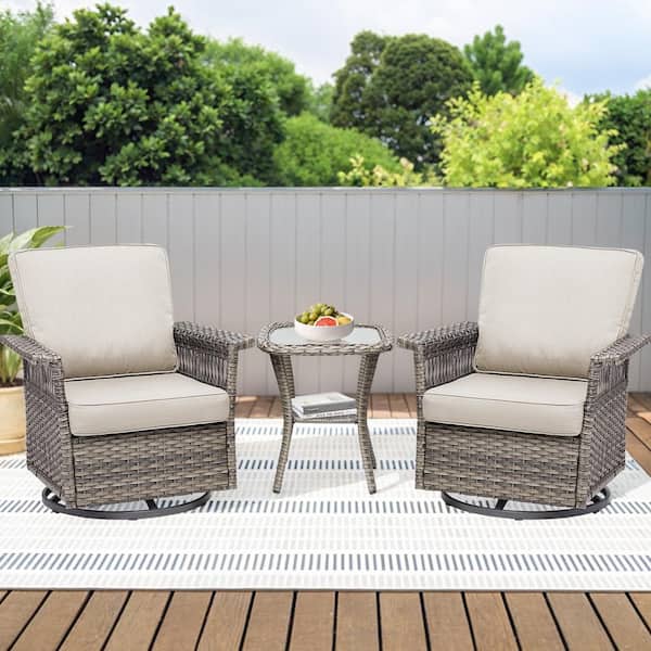 3-Piece Wicker Outdoor Rocking Chair Patio Swivel Lounge Chair Set with Beige Cushions
