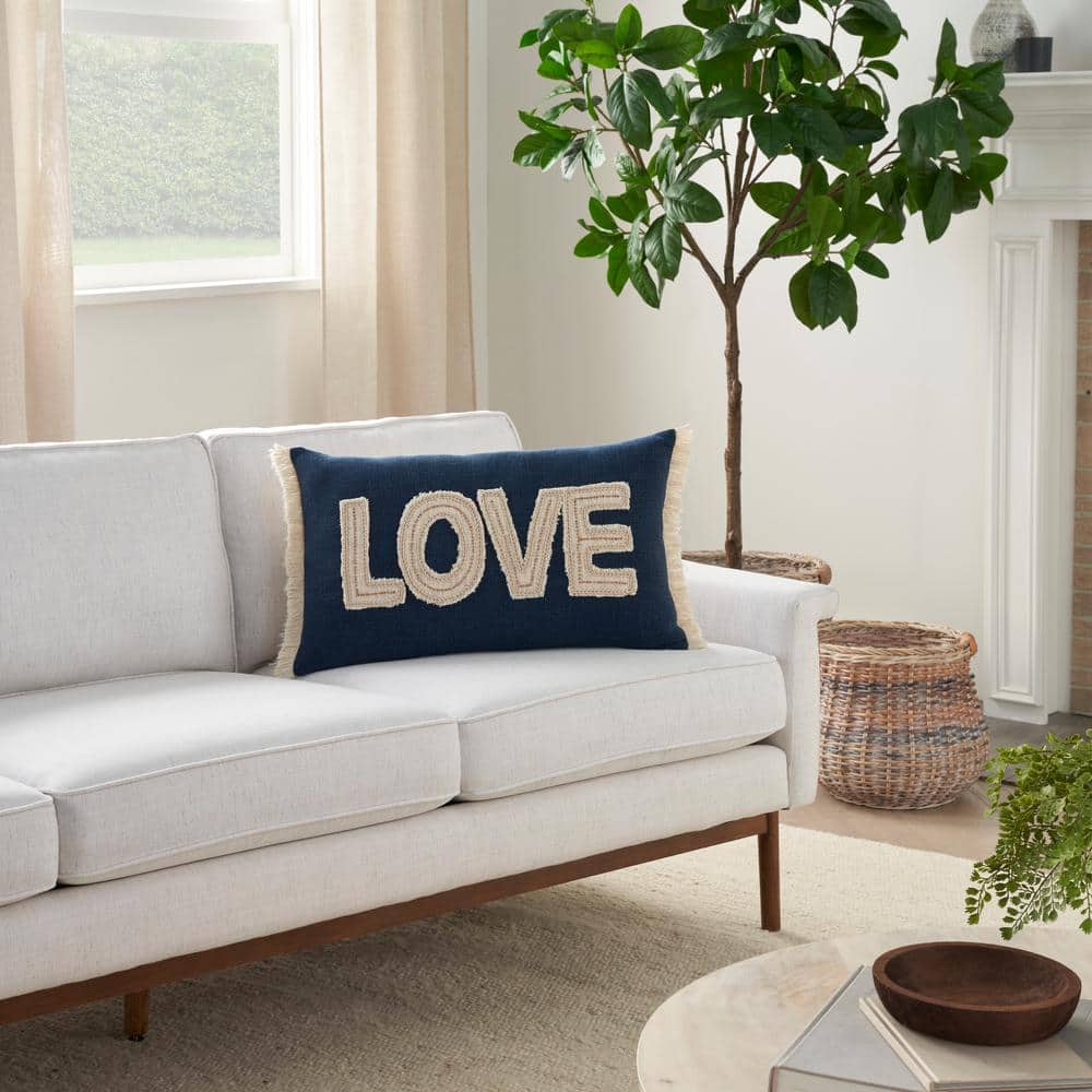 Navy Cotton Love Applique Beaded Lumbar Pillow 14" x 24"