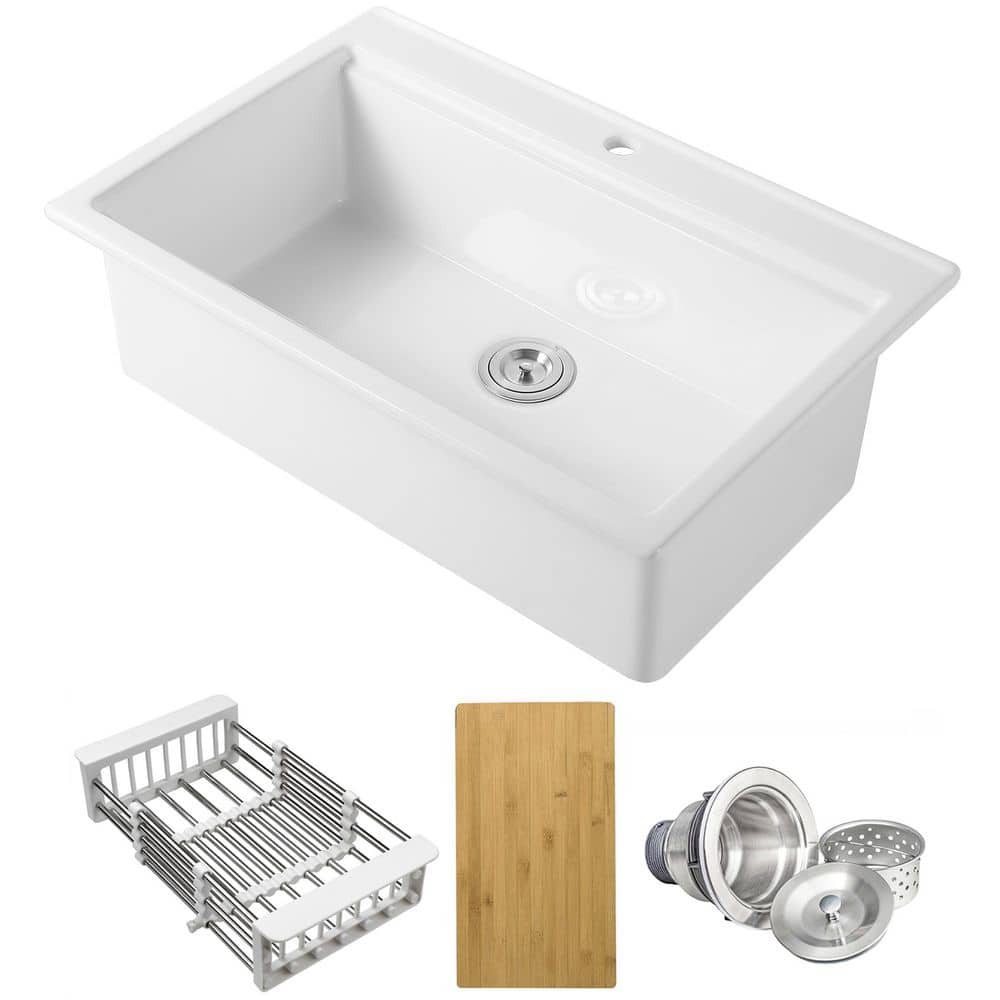Drop Project Log AKDY White Fireclay 33 in. Single Bowl Drop-in Mount Workstation ...