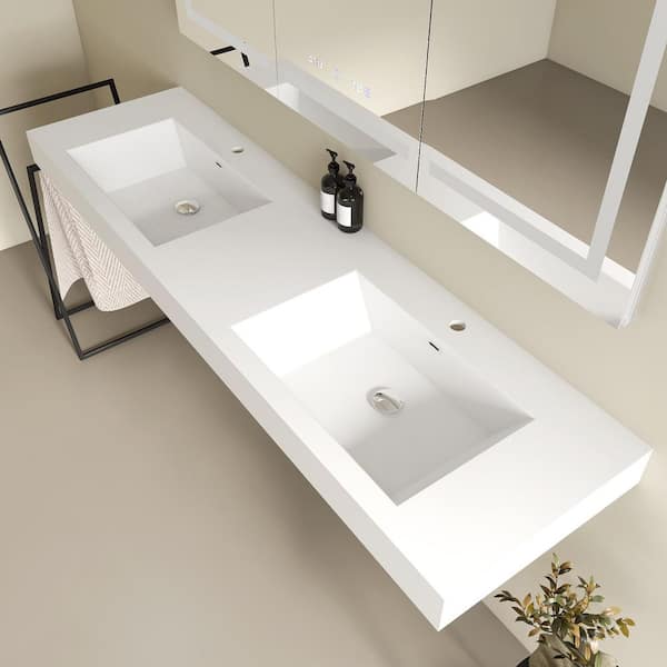 Vetra 71 x 20 x 7in. Composite Rectangle Wall Mount or Countertop Bathroom Double Vessel Sink with Faucet Holes in White