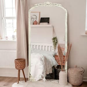 Rustic Arched 28 in. W x 67 in. H Solid Wood Framed DIY Carved Full Length Mirror in Weathered White