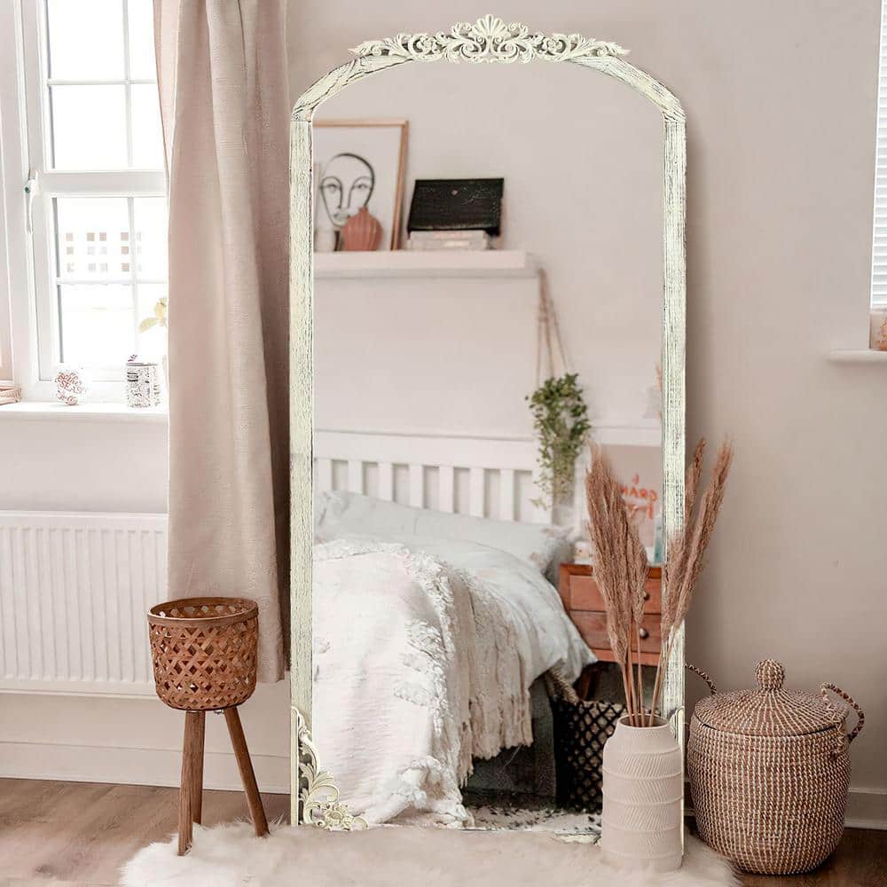 Rustic Arched 28 in. W x 67 in. H Solid Wood Framed DIY Carved Full Length 