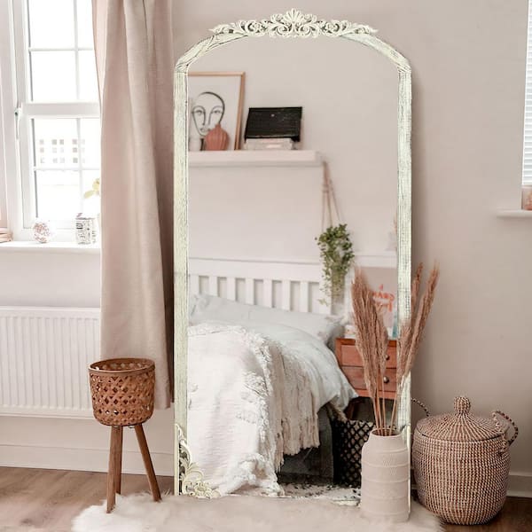 Lirago Rustic Arched 28 in. W x 67 in. H Solid Wood Framed DIY Carved Full Length Mirror in Weathered White