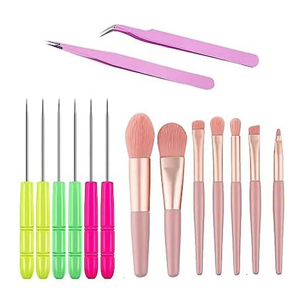 15-Piece Cake Decorating Tool Set with Brushes, Needles, Tweezers in Pink, Plastic & Metal for DIY Baking