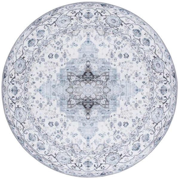 SAFAVIEH Arizona 8 ft. x 8 ft. Ivory/Blue Machine Washable Border Ornate Round Area Rug