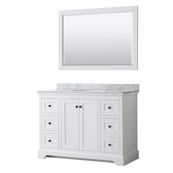 Wyndham Collection Avery 48 in. W x 22 in. D x 35 in. H Single Bath Vanity in White with White Carrara Marble Top and 46 in. Mirror