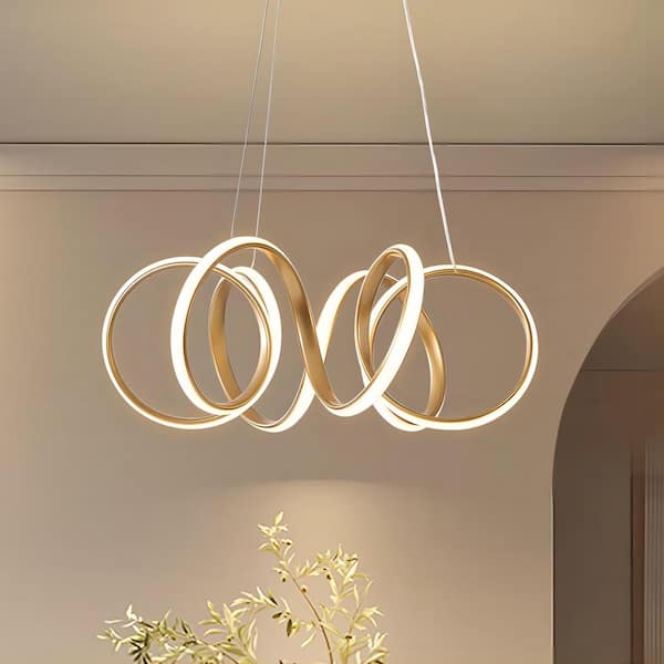 RRTYO Derrow 1-Light Aluminum Dimmable Pendant Kitchen Island Integrated LED 3000K Gold Linear Chandelier for Dining Room