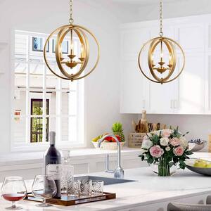 Modern Chandelier Pendant Light 3-Light Gold Globe Cage Dining Room Chandelier