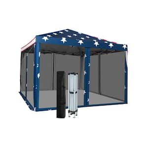 10 ft. x 10 ft. Blue American Flag Slant Leg Pop-Up Canopy, Shelter Tent Gazebo Canopy with Mesh Walls for Outdoor