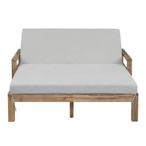 1-Piece Wood Outdoor Day Bed Weather Resistant Sunbed Seating 2-People with Grey Cushions