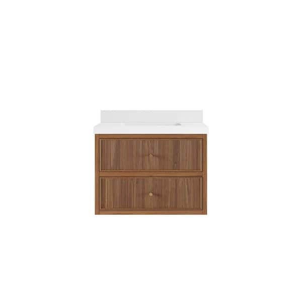 Sonoma Floating 30 in. W x 22 in. D x 36 in. H Single Sink Bath Vanity in Dark Natural with 2 in. White Quartz Top