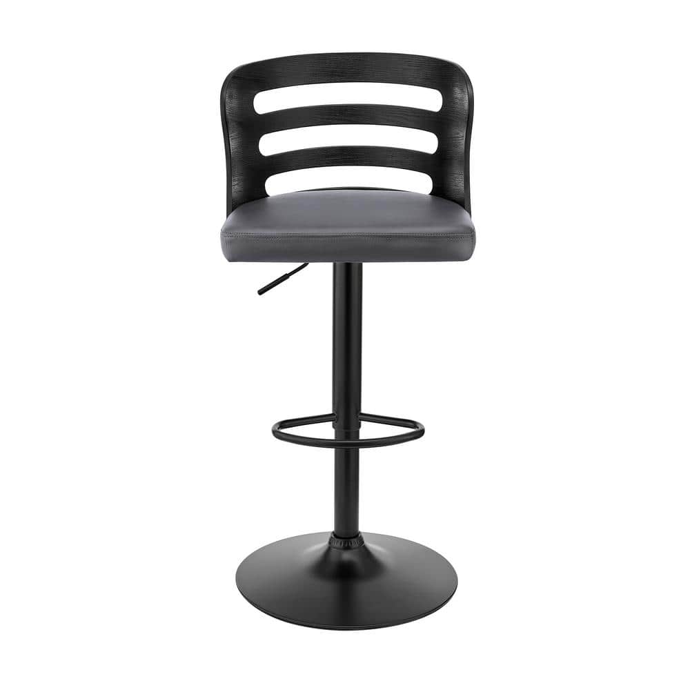 Adjustable Gray Faux Leather and Black Wood Swivel Bar Stool