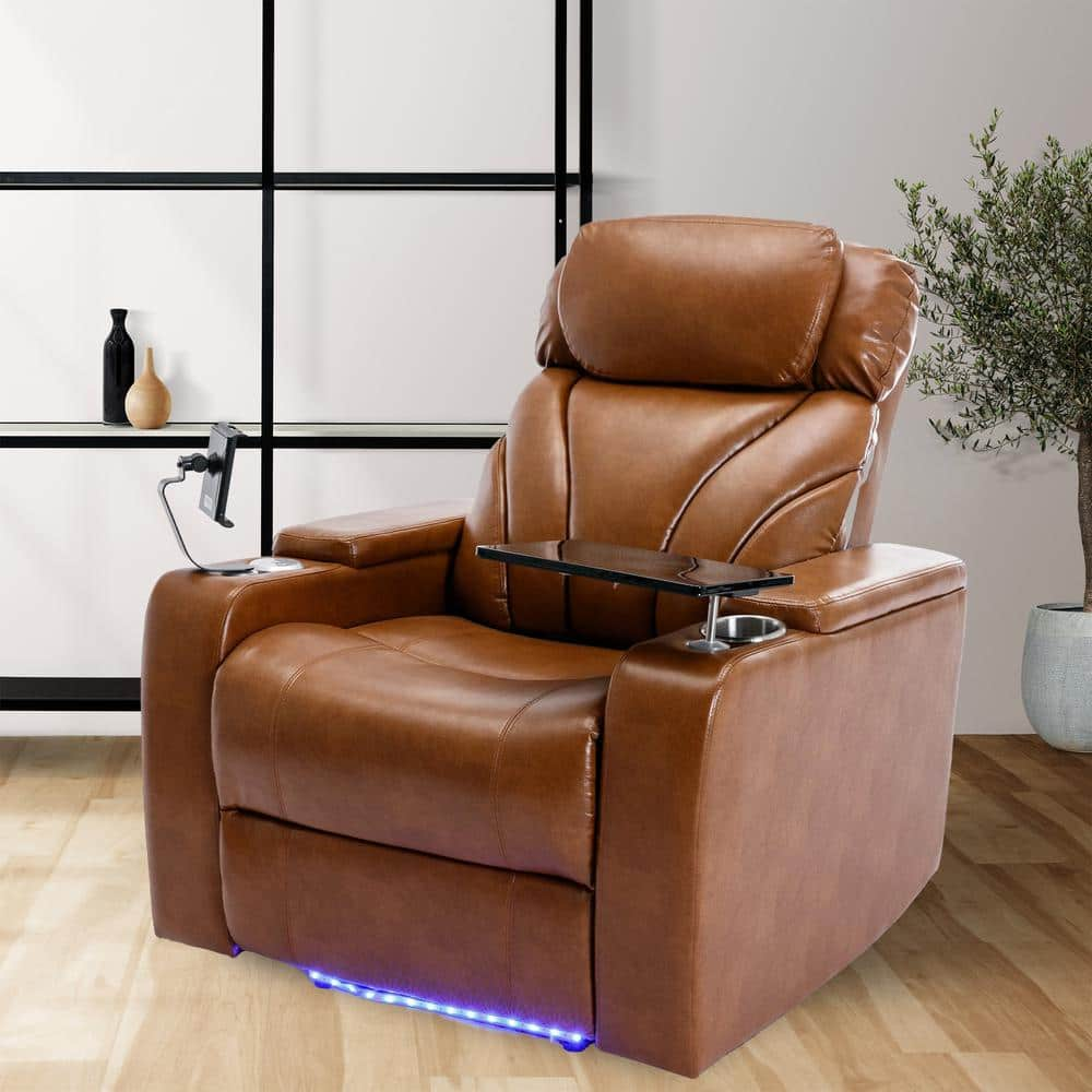 Haile PU Leather Recliner Brown Power Motion Recliner With USB Charging ...