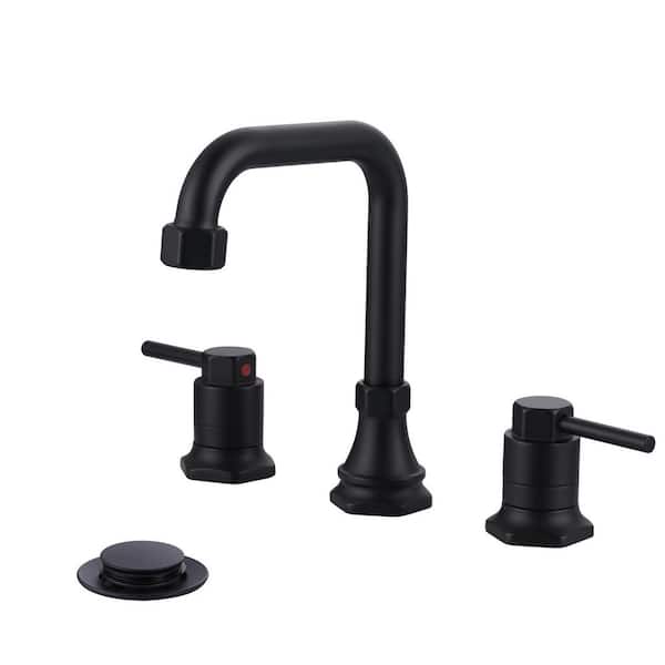 8 in. Widespread Bathroom Faucet with Double Handles and Pop-Up Drain Assembly in Matte Black