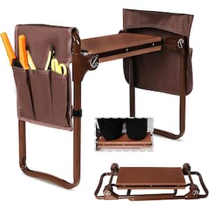 Folding Garden Kneeler and Seat Stool Garden Folding Bench with 2 Tool Pouches and EVA Foam Kneeling Pad in Brown