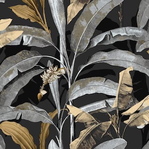 Into The Wild Black Metallic Banana Tree Leaves Non-Pasted Non-Woven Paper Wallpaper Roll