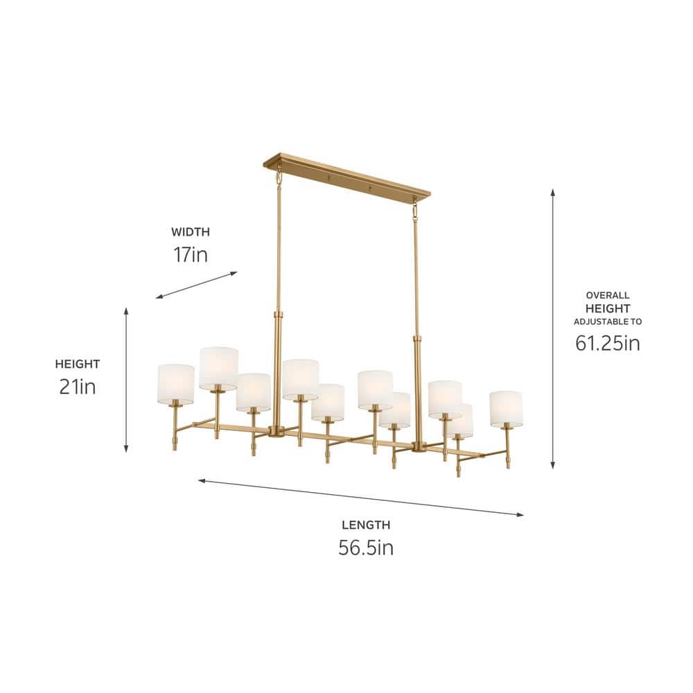 Brushed Brass 10-Light Linear Chandelier with Fabric Drum Shades