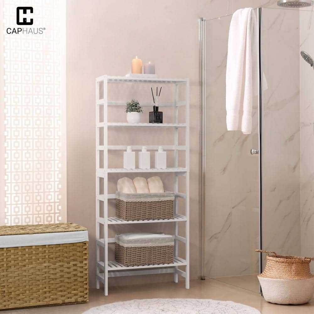 57.6 in Tall White Bamboo Adjustable 5-Shelf Bookcase