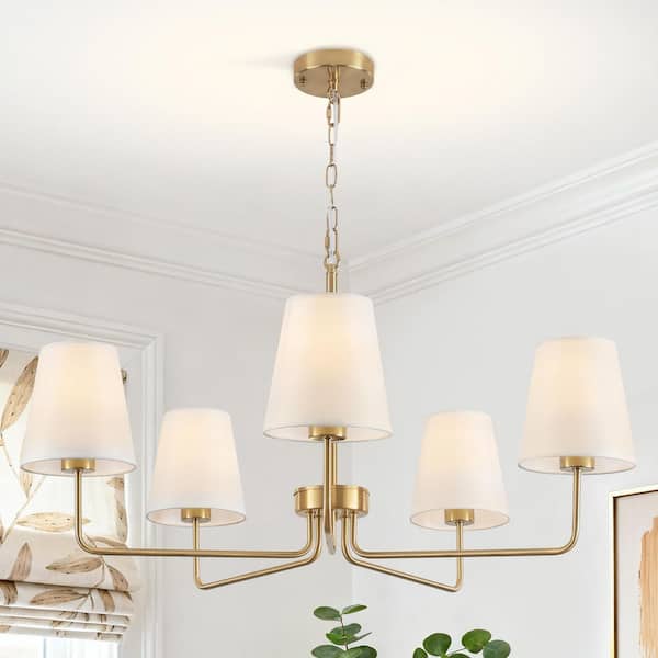 5-Light Farmhouse Gold Chandelier with White Fabric Shade for Dining Room