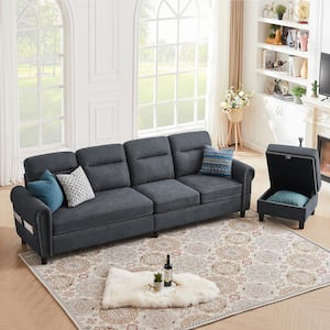 106.69 in. Wide Charocal Round-Arm Fabric 4-Seater L Shaped Reversible Sectional Sofa with Side Storage Bags
