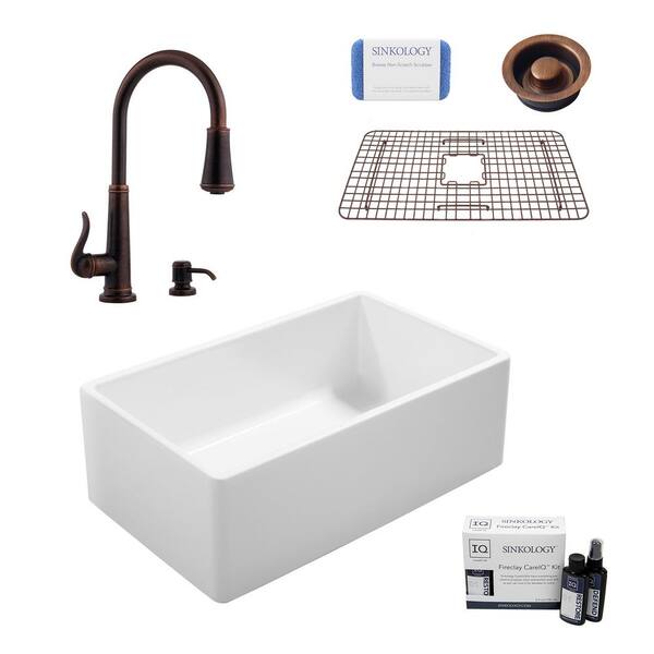 SINKOLOGY Ward All-in-One Farmhouse Fireclay 33 in. Single Bowl Kitchen Sink with Pfister Bronze Faucet and Disposal Drain