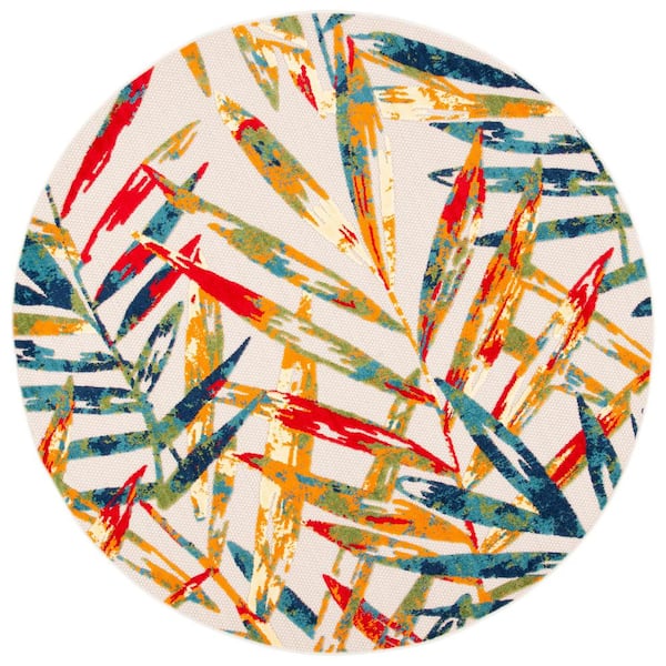 SAFAVIEH Cabana Ivory/Navy 3 ft. x 3 ft. Palm Leaf Round Indoor/Outdoor Area Rug