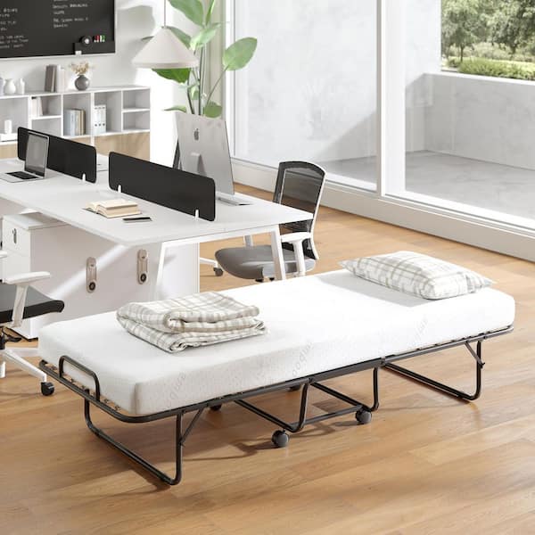 White Twin Rollaway Bed with Memory Foam Mattress Cot Guest Made in Italy Folding