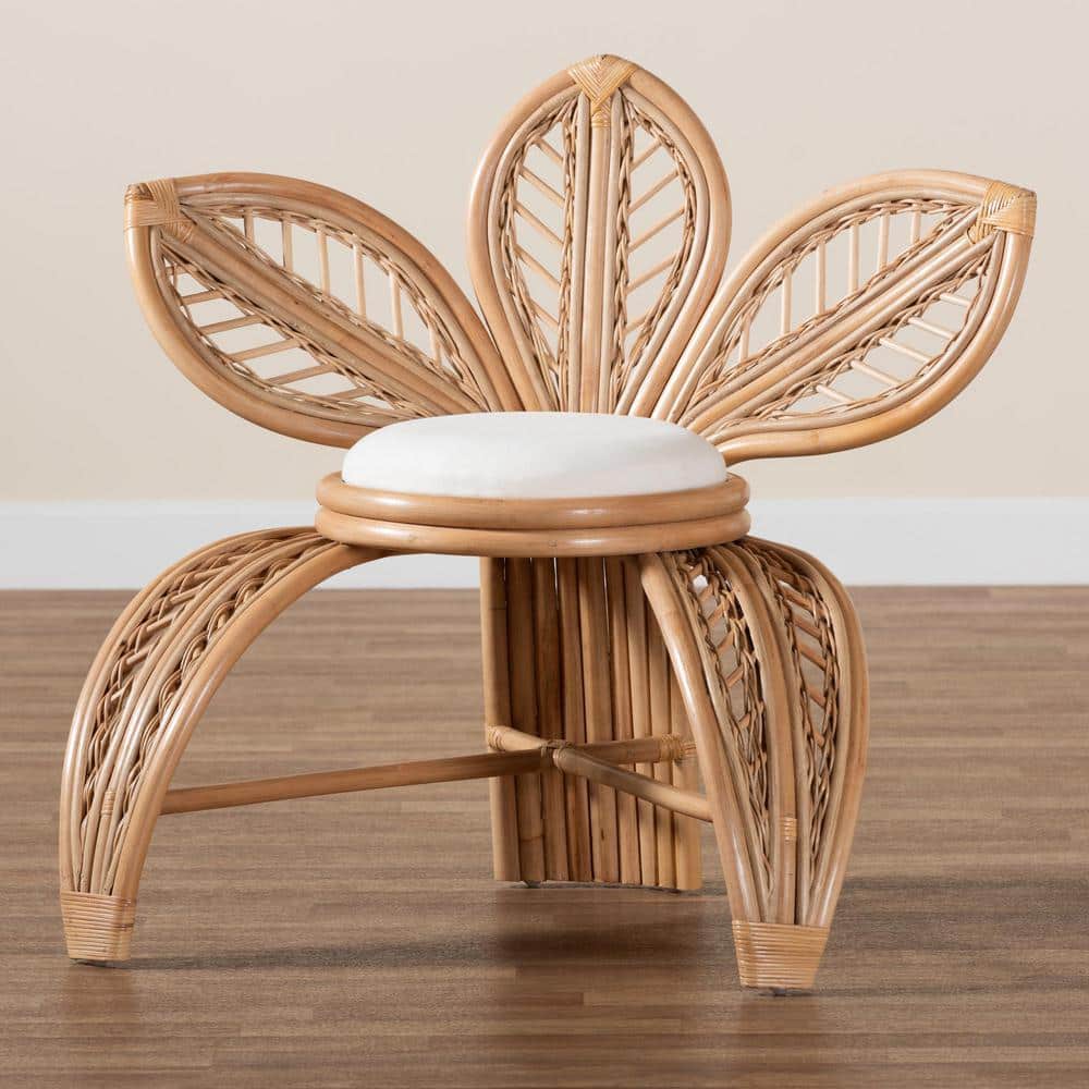 Handcrafted Natural Rattan Leaf Accent Chair with White Cushion