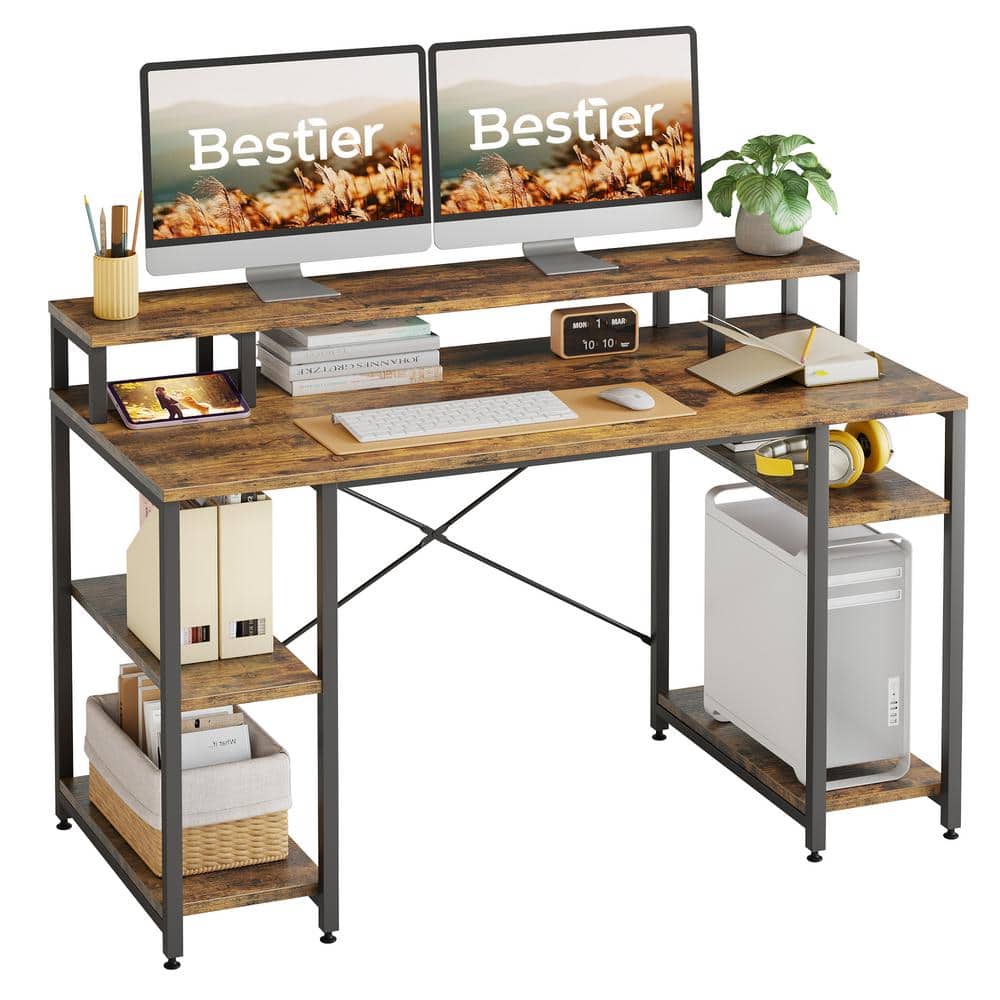 Rustic Brown Wood Gaming Desk with Monitor Shelf